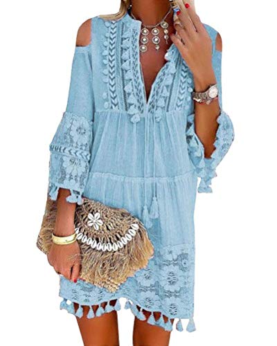 Onsoyours Vestido Casual Manga 3/4 De Encaje Boho Playa para Mujeres Verano Suelto Borla V Cuello SóLido Talla Grande Blusa B Azul Claro 12