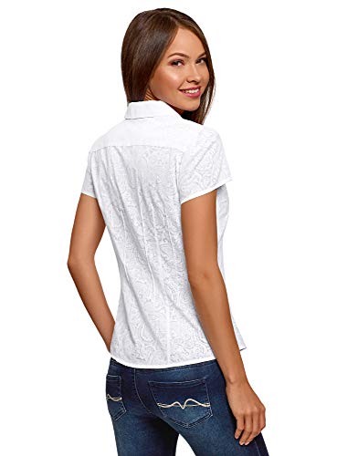 oodji Collection Mujer Blusa Entallada de Manga Corta, Blanco, ES 42 / L