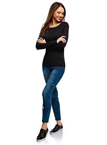 oodji Collection Mujer Camiseta de Manga Larga, Negro, ES 42 / L