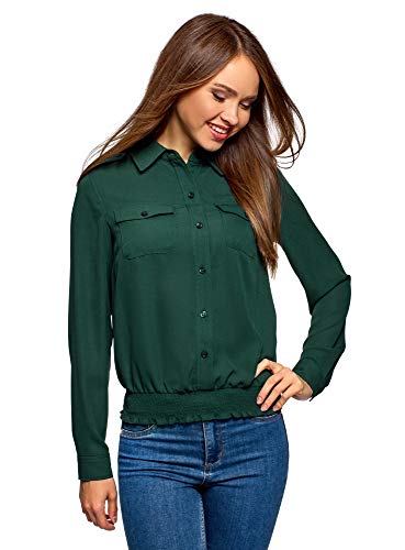 oodji Ultra Mujer Blusa de Tejido Fluido con Bolsillos en el Pecho, Verde, ES 36 / XS