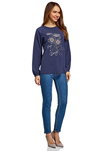 oodji Ultra Mujer Blusa Holgada con Bordado, Azul, ES 42 / L