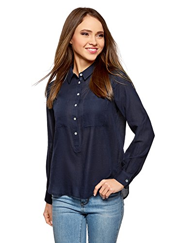 oodji Ultra Mujer Camisa Ancha de Algodón, Azul, ES 38 / S