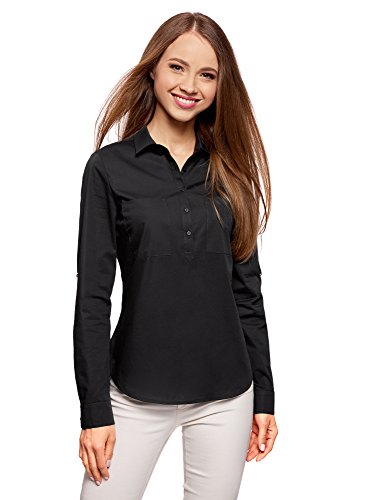 oodji Ultra Mujer Camisa Básica con Bolsillos en el Pecho, Negro, ES 36 / XS