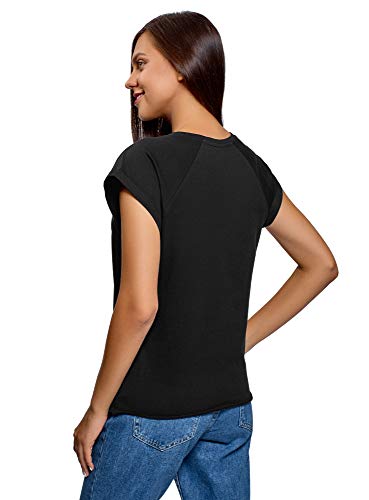 oodji Ultra Mujer Camiseta Básica de Algodón con Borde No Elaborado, Negro, ES 36 / XS