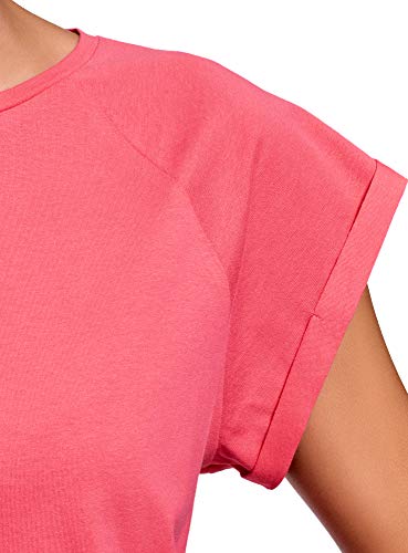 oodji Ultra Mujer Camiseta de Algodón Básica con Borde No Elaborado, Rosa, ES 38 / S