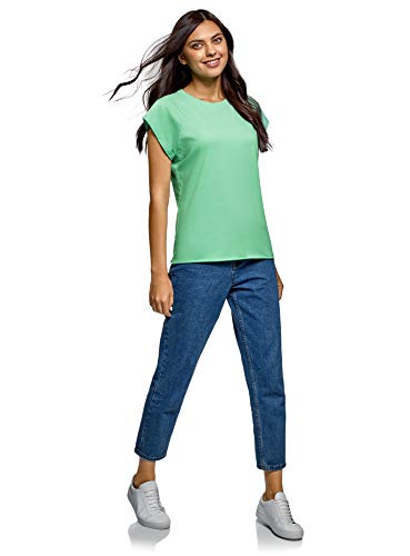 oodji Ultra Mujer Camiseta de Algodón Básica, Verde, ES 42 / L