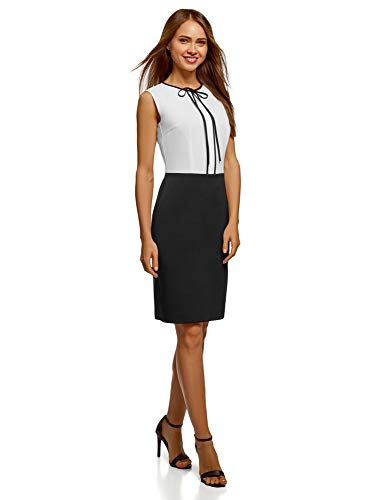 oodji Ultra Mujer Vestido Combinado con Lazos, Blanco, ES 34 / XXS