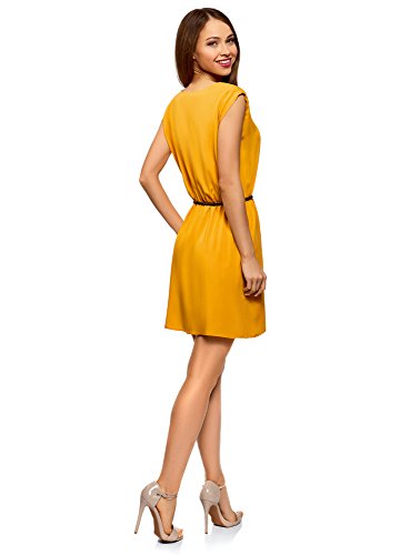 oodji Ultra Mujer Vestido de Viscosa con Mangas Cortas, Amarillo, ES 34 / XXS