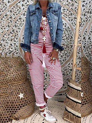 ORANDESIGNE Mujer Peto Elegante Casual Largo Suelto Mono Bolsillos Tirantes Fiesta Noche Oficina Pantalones Moda Rayas Jumpsuit Overalls Rojo ES 38