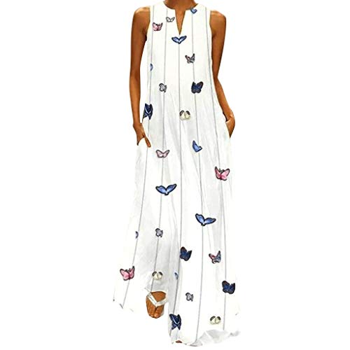 Overdose Maxi Vestidos para Mujer Vintage Diario Informal Boho sin Mangas de Rayas con Cuello en v Mariposa Impreso Verano sólido Vestido Suelto más el tamaño S-XXXXXL