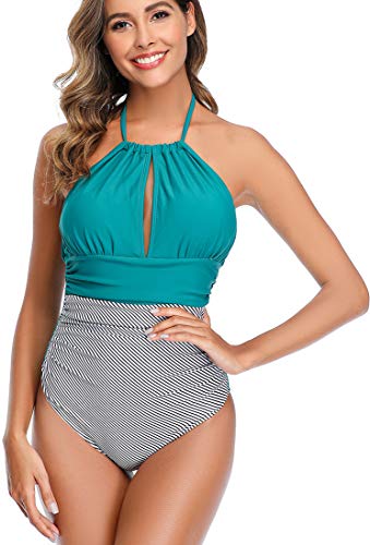 PANOZON Traje de Baño Sexy Bañador para Mujer Cuello Halter Triángulo Espalda 1 Pieza Bikinis (XL, Verde)