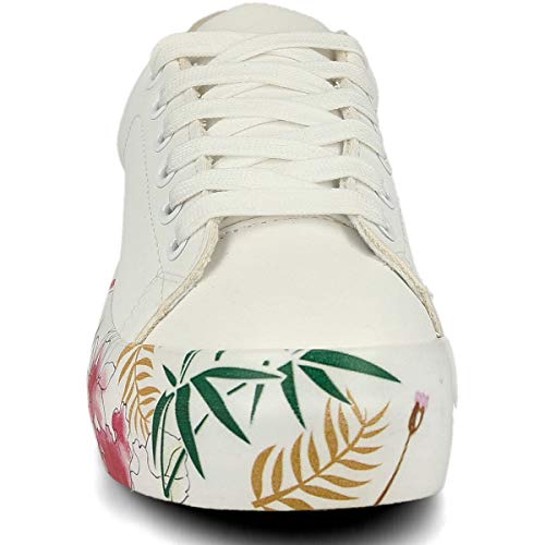 PAYMA - Zapatillas Bambas Deportivas Plataforma Mujer. Tenis Deporte, Casual y Caminar. Cierre Cordones. Interior Acolchado. Acabado Eco Print Floral, Blanco y Estrella.