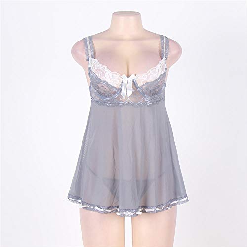 Pijama Erotico Lencería Sexy Lazos De Encaje Caliente See Through Baby Doll Lencería Sexy Color Gris Babydoll Plus Size-Gray_XL