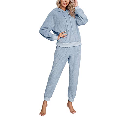 Pijama Mujer Invierno Ropa para Casa Forro Polar Conjunto de Pijama 2 Piezas para Mujer Sudadera de Felpa + Pantalones Largos Color Sólido (Azul, S)