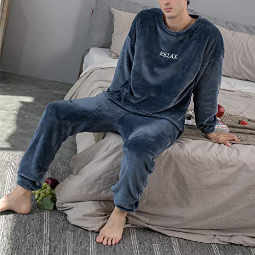 Pijama Unisex Hombre y Mujer a Juego Forro Polar Pijama 2 Piezas Conjuntos de Parejas para Invierno Ropa de Casa Manga Larga y Pantalones Largos (Azul Marino, XXL)