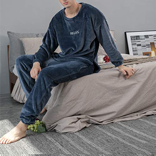 Pijama Unisex Hombre y Mujer a Juego Forro Polar Pijama 2 Piezas Conjuntos de Parejas para Invierno Ropa de Casa Manga Larga y Pantalones Largos (Azul Marino, XXL)