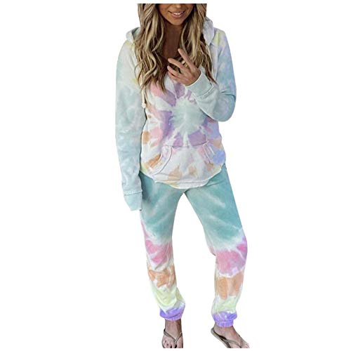 Pijamas de Moda Pijamas Suaves Pantalones Largos Conjunto De Pijamas para El Hogar Mujer Tie-Dye Cordón con Capucha Top