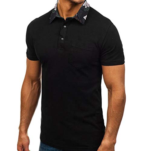 Polos Hombre Manga Corta, Camisas Basica Verano Cuello de Camuflaje Polo Solapa Slim Fit Camiseta Golf Tennis T-Shirt Trabajo Tops Men Shirt con Bolsillo(Negro,XXL)