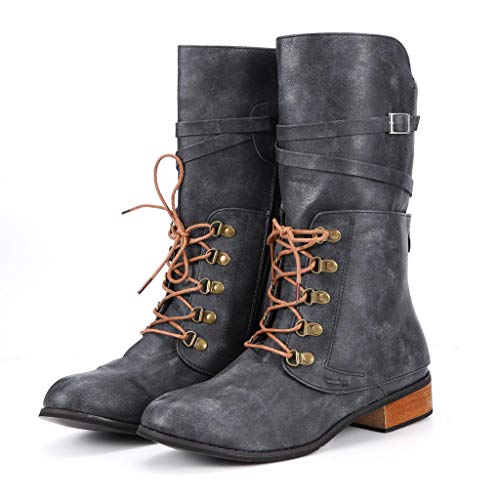 Posional Botas Retro Mujer Navidad Zapatos Casuales con Cordones de Punta Redonda de Cuero para Ladies Botas Cómodas de Caballero de Moda de Tacón Bajo Outdoor Trekking Zapatos