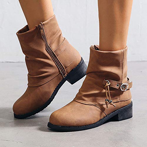 Posional Zapatos de Mujer Pisos Cuero Moda Botines Punta Redonda Hebilla Tacón Bajo Huecos Cortos con Cremallera Lateral Borla Personalizada Antigua Casuales Botines Combate