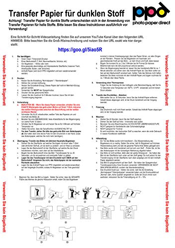 PPD A4 x 10 Hojas de Papel de Transferencia Térmica Para Camisetas, Mascarillas y Tejidos Oscuros - Para Impresora de Inyección de Tinta Inkjet - PPD-4-10