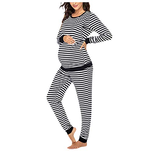 Premamá Pijama Conjunto Camiseta y Leggins Lactancia Maternidad Mujer Invierno de Manga Larga Pijamas Premamá Embarazadas Algodón Conjunto de Maternidad para Mujer STRIR (XL, Negro)