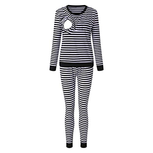 Premamá Pijama Conjunto Camiseta y Leggins Lactancia Maternidad Mujer Invierno de Manga Larga Pijamas Premamá Embarazadas Algodón Conjunto de Maternidad para Mujer STRIR (XL, Negro)