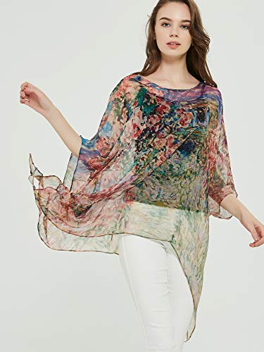 prettystern 100% Seda Poncho túnica Kimono Verano Blusa Beach Top Abrigo Claude Monet House Debajo de Las Rosas