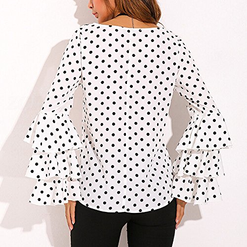 Proumy Camiseta Blanca Mujer de Algodón Blusa a Lunares Camisa Manga Larga con Volantes Vestido Elegante Tops Estampado Traje de Talla Grande