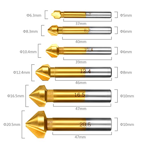 Qibaok 6 Pcs Avellanador 90°HSS Juego de 6 Brocas Avellanadoras para Metal Madera Aluminio, Ø 6,3mm ~ 20,5mm, Cubiertas de Titanio