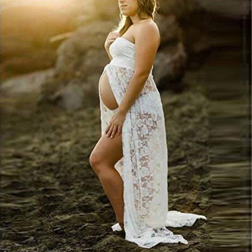 QinMM Vestido Maxi Sexy Mujer Embarazada premamá, Encaje sin Tirantes de fotografía de Props Maternidad (Blanco, M)