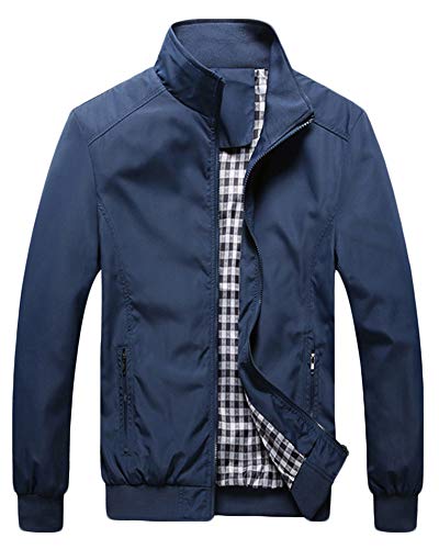 QitunC Hombre Chaqueta Bomber Plus Size Collar De Pie Cremallera Cazadora Abrigo Azul Oscuro XXXL