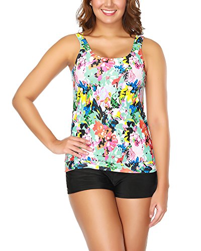 QitunC Mujer Tankini Impreso Floral 2Pcs Más Tamaño Ladies Casual Traje De Baño Beachwear con Pantalones Cortos XXL