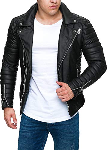 Reichstadt - Chaqueta de estilo motorista para hombre con cinturón extraíble, piel auténtica o sintética Negro – Rs001 Pu – Cremallera plateada. XL