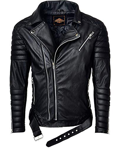 Reichstadt - Chaqueta de estilo motorista para hombre con cinturón extraíble, piel auténtica o sintética Negro – Rs001 Pu – Cremallera plateada. XL