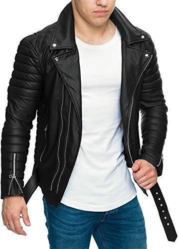 Reichstadt - Chaqueta de estilo motorista para hombre con cinturón extraíble, piel auténtica o sintética Negro – Rs001 Pu – Cremallera plateada. XL