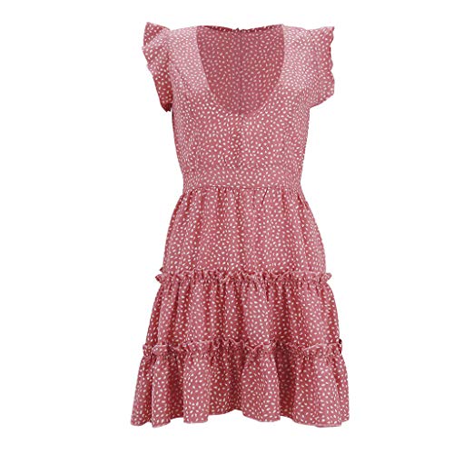 ReooLy Mini Vestido de Playa sin Mangas con Cuello en v Vestido Sexy de Vacaciones de Verano con Volantes para Mujer（Rosado，XL）