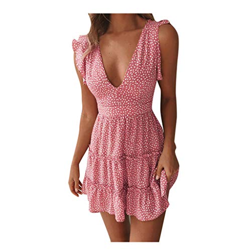 ReooLy Mini Vestido de Playa sin Mangas con Cuello en v Vestido Sexy de Vacaciones de Verano con Volantes para Mujer（Rosado，XL）