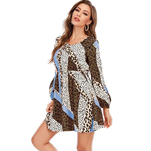 ReooLy Vestido de Manga Larga con Cuello en V sin Tirantes y Estampado de Leopardo sin Tirantes（Azul，L）