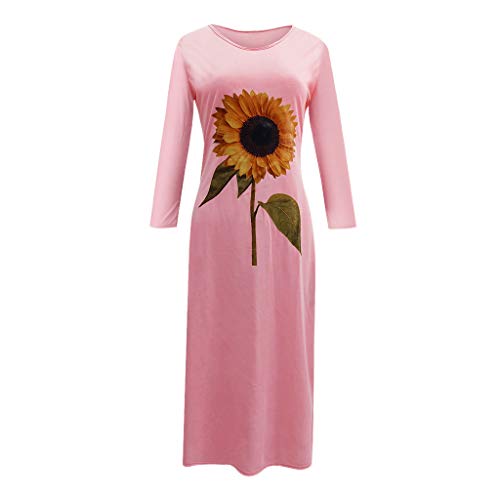 ReooLy Vestido de Manga Larga con Estampado de Girasol Falda Larga con Aberturas en el Dobladillo con Volantes Casuales para Mujer（Rosado，XL）