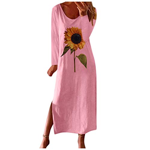 ReooLy Vestido de Manga Larga con Estampado de Girasol Falda Larga con Aberturas en el Dobladillo con Volantes Casuales para Mujer（Rosado，XL）