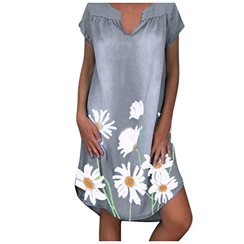 ReooLy Vestido de Mezclilla de Manga Corta con Cuello en V y Estampado de Girasol para Mujer（H-Gris，XXXL）