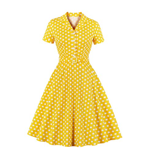 ReooLy Vestido de Mujer de Manga Larga, Retro A-Line Vestido de Noche de Fiesta de cóctel con botón de Solapa oscilante Delgado（Amarillo，XXXXL）