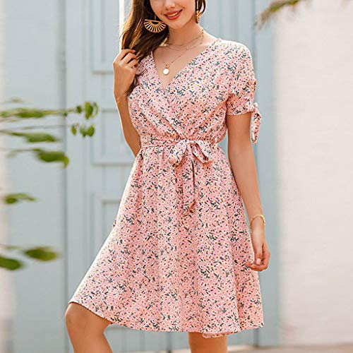 ReooLy Vestido Informal de Faja con Estampado de Flores geométricas de Manga Corta con Cuello en V para Mujer (A2-Rosado,S)