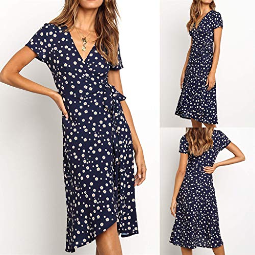 ReooLy Vestido Informal de Faja con Estampado de Flores geométricas de Manga Corta con Cuello en V para Mujer (F-Armada,L)