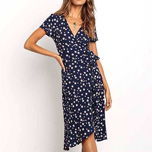 ReooLy Vestido Informal de Faja con Estampado de Flores geométricas de Manga Corta con Cuello en V para Mujer (F-Armada,L)