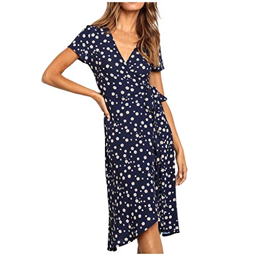 ReooLy Vestido Informal de Faja con Estampado de Flores geométricas de Manga Corta con Cuello en V para Mujer (F-Armada,L)