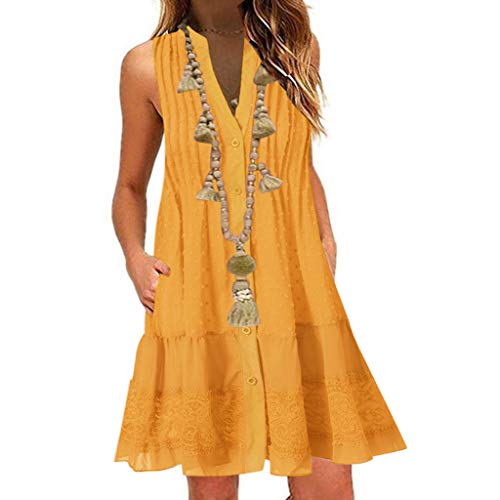 ReooLy Vestido sin Mangas con Cuello en V de Verano para Mujer（E-Amarillo，XXXL）