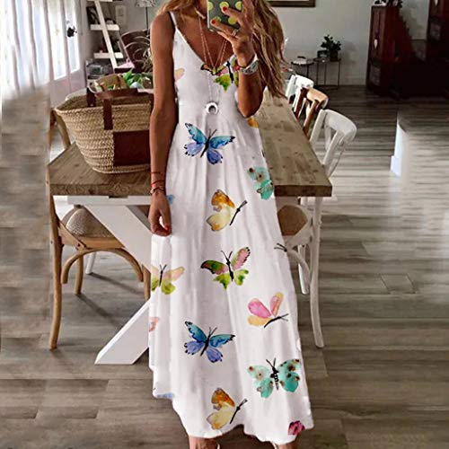 ReooLy Vestido Suelto sin Mangas con Estampado de Mariposa y Cuello en V de Verano para Mujer（Blanco，XXXXXL）