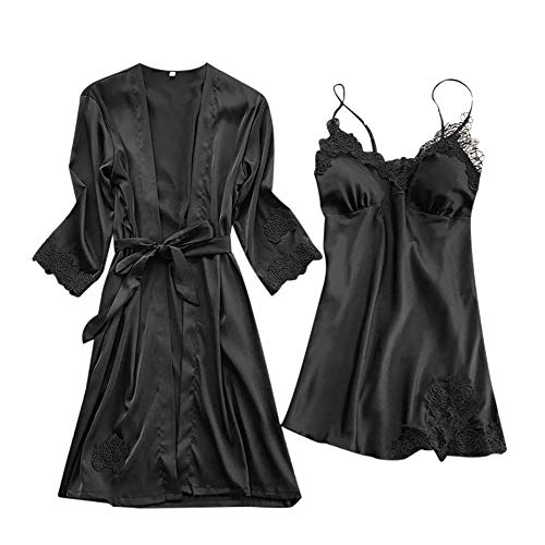 riou Damas de Invierno Pijamas de Encaje Sexy camisón Kimono Cardigan túnicas Vestido de Noche Superior de satén de Dos Piezas Interior Ropa Interior Sedosa cómoda